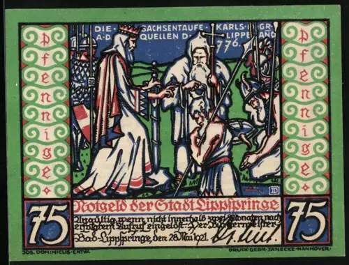 Notgeld Bad Lippspringe 1921, 75 Pfennig, Karl der Grosse an den Quellen der Lippe, Stadtansicht, Wappen