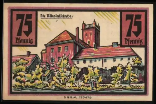 Notgeld Stolp i. Pommern, 75 Pfennig, Nikolaiturm und Wappen mit Greif, Seriennummer 026032