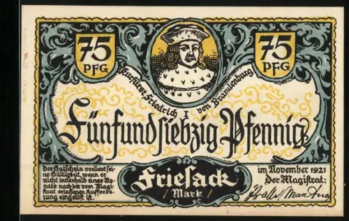 Notgeld Friesack 1921, 75 Pfennig, Kurfürst Friedrich, Burg Friesack, Seriennummer A.No 028514, Wappen