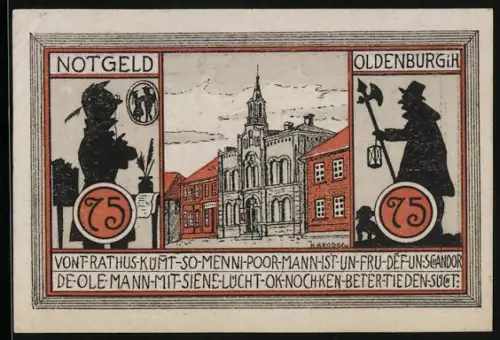 Notgeld Oldenburg 1922, 75 Pfennig, Rathaus mit Figuren und Stadtmauer mit Tor