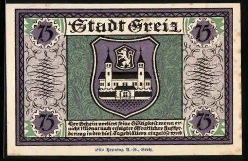 Notgeld Greiz 1919, 75 Pfennig, Stadtwappen und Sommerpalais, Seriennummer und Stadtverwaltung erwähnt