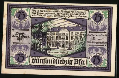 Notgeld Greiz 1919, 75 Pfennig, Stadtwappen und Sommerpalais, Seriennummer und Stadtverwaltung erwähnt
