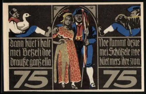 Notgeld Rothenburg 1921, 75 Pfennig, Schäfer mit Herde, Paar in Tracht, Nr. 51745
