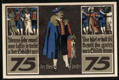 Notgeld Rothenburg 1921, 75 Pfennig, Schäferfest mit Ober-Schäfer und Hirte, Seriennummer 59187