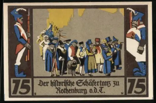 Notgeld Rothenburg 1921, 75 Pfennig, historischer Schäfertanz und Schäfer mit Herde, Nr. 68589
