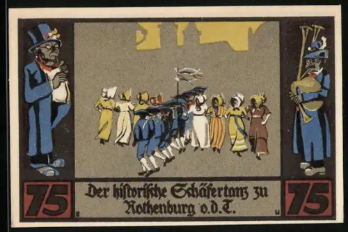 Notgeld Rothenburg 1921, 75 Pfennig, Schäfertanz und Hirte mit Schafherde, Seriennummer 43092