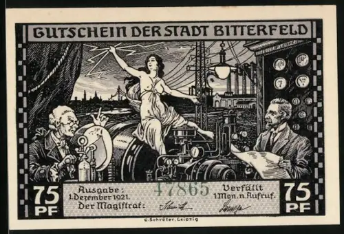 Notgeld Bitterfeld 1921, 75 Pf, Elektrizität, Frauenakt & Ingenieure, Elektro-Chemie, Aluminiumproduktion 5000t