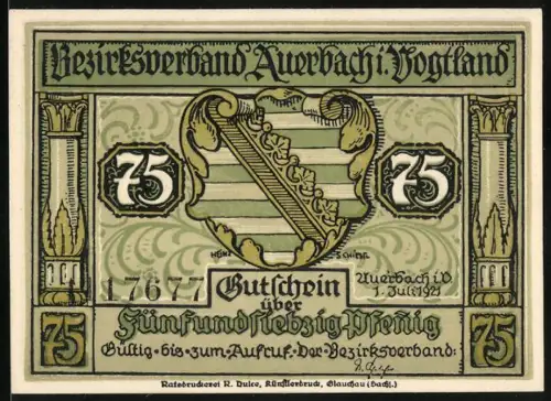 Notgeld Auerbach 1921, 75 Pfennig, Wappen und Schattenmotiv mit Teufel und Stadtansicht