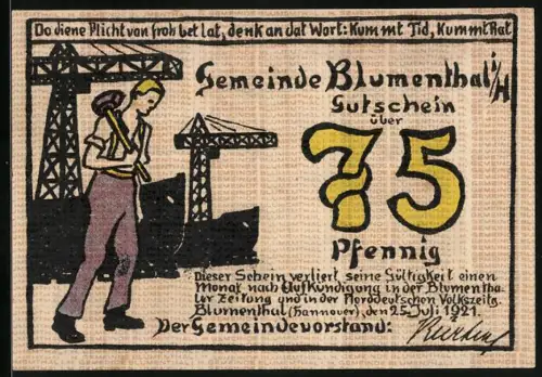 Notgeld Blumenthal / Unterweser 1921, 75 Pfennig, Werftarbeiter mit Vorschlaghammer und Frau mit Garn
