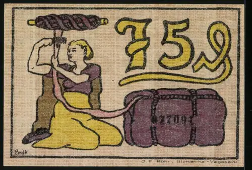 Notgeld Blumenthal / Unterweser 1921, 75 Pfennig, Werftarbeiter mit Vorschlaghammer und Frau mit Garn