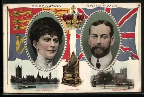 Präge-AK Coronation Souvenir, Houses of Parliament, Coronation Chair, Westminster Abbey