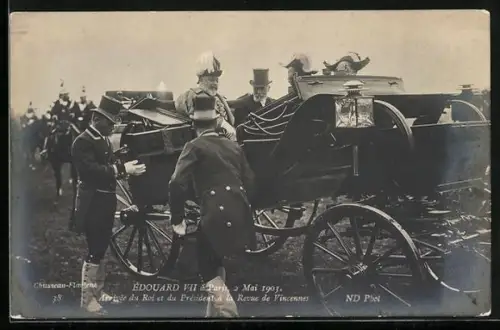 AK Paris, Édouard VII à Paris 1903, Arrivée du Roi et du Président à la Revue de Vincennes