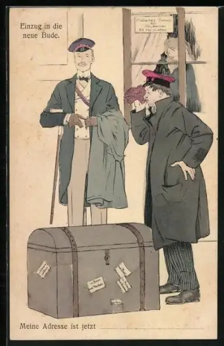 Künstler-AK Student mit einer Truhe beim Umzug, Einzug in die neue Bude