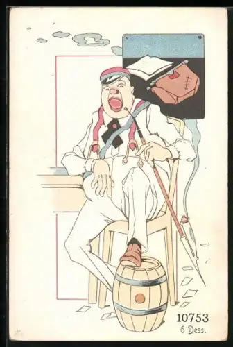 Lithographie Student mit langer Pfeife sitzt auf einem Stuhl