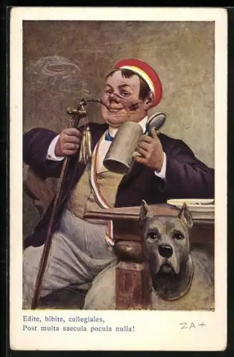 AK Student mit Schmissen trinkt Bier und Bulldogge