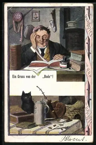 AK Dichtung und Wahrheit, älterer Student in der Bude mit Tinte und Feder, unten Katze und Bier