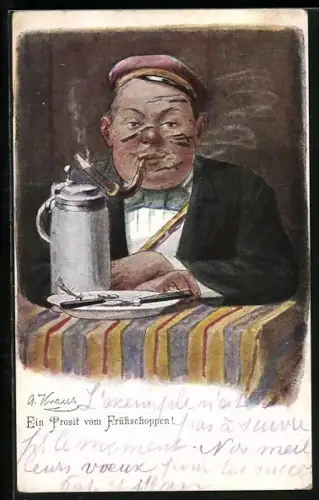 Lithographie Ein Prosit vom Frühschoppen!, Student mit Tönnchen und Zigarre