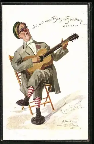 Künstler-AK Heidelberg, Student spielt Gitarre und singt dazu, Ich hab mein Herz in Heidelberg verloren.