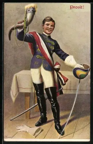 Künstler-AK Kraus: Prosit, Student in Vollwichs mit Füllhorn