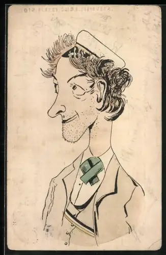 Lithographie Studentenporträt mit Mütze