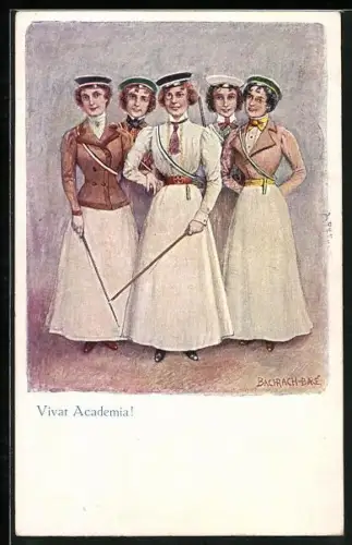Künstler-AK Vivat Academia!, hübsche Studentinnen, Emanzipation, studentische Szene
