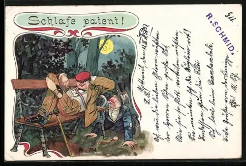 AK junger Herr schläft auf einer Parkbank, ein Anderer stiehlt seine Taschenuhr, studentische Szene