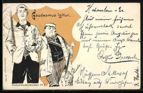 Lithographie Zwei Studenten mit einem Hund, Gaudeamus igitur