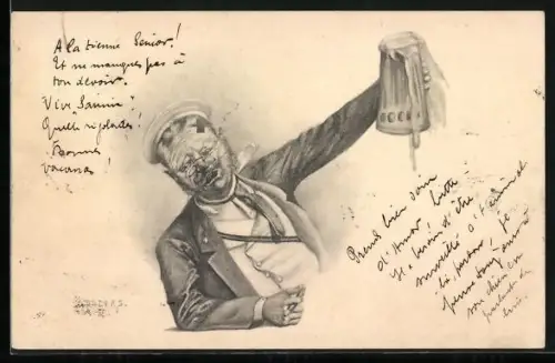 Lithographie Student mit Zigarre hebt einen riesigen Bierkrug