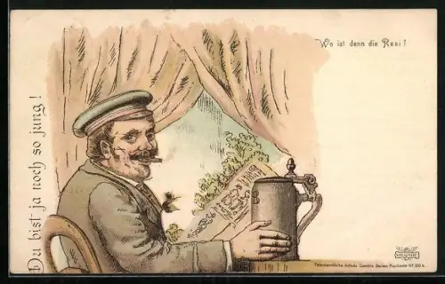 Lithographie Student mit Zigarre liest Zeitung, Wo ist denn die Resi?