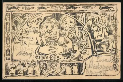 Künstler-AK Abschieds-Commers 1905, Zwei Studenten mit Bierkrügen