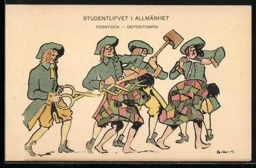 Künstler-AK Studentlifvet i Allmänhet, Forntiden - Depositionen, Studenten bei der Aufnahmeprüfung