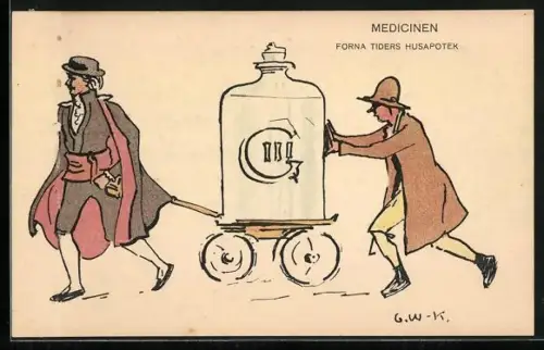 Künstler-AK Upsala, Studentikars Karneval 1910, Medicinen forna tiders Husapotek