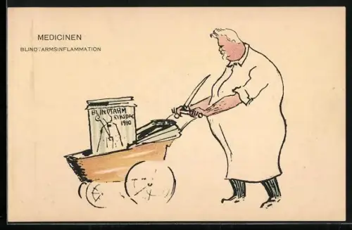 AK Medicinen, Blindtarmsinflammation, dicker Arzt schiebt einen Wagen