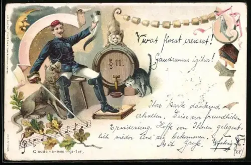 Lithographie Gaudeamus igitur - Student mit Trinkhorn und Säbel, Hund und Katze schauen zu