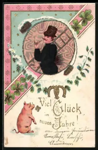 Stoff-Präge-AK Schornsteinfeger mit Klee und Schwein