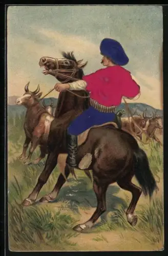 Stoff-Präge-AK Mann auf einem Pferd mit einem Bullen