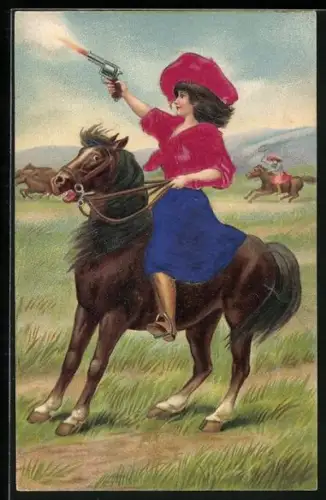 Stoff-Präge-AK Frau sitzt auf einem Pferd und schiesst eine Pistole