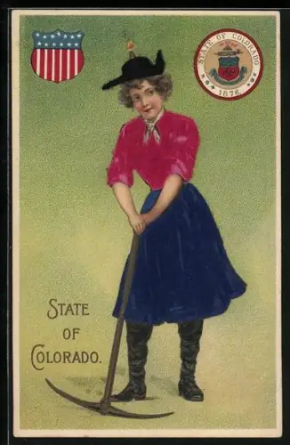 Stoff-Präge-AK Dame stützt sich auf ein Werkzeug, The State of Colorado