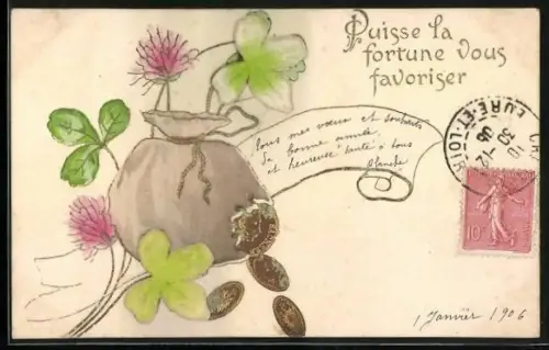 Stoff-Präge-AK Geldsäckchen mit Klee und Münzen