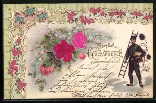 Stoff-Präge-AK Schornsteinfeger mit Schwein unter dem Armen und rosanen Rosen