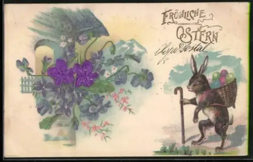 Stoff-Präge-AK Osterhase mit einem Korb voller Ostereier auf dem Rücken