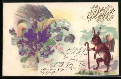 Stoff-Präge-AK Osterhase mit Ostereiern und Gehstock
