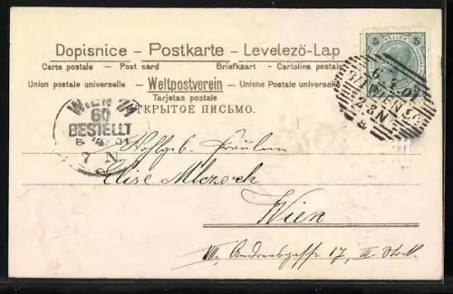 Stoff-Präge-AK Osterhase mit Ostereiern und Gehstock