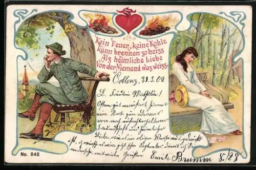 AK Heimliche Liebe, ein Jäger auf einer Holzbank und eine Dame auf einer Jugendstil Bank gedenken einander