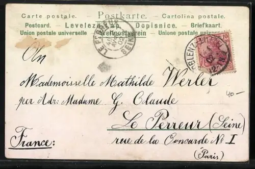 AK Heimliche Liebe, ein Jäger auf einer Holzbank und eine Dame auf einer Jugendstil Bank gedenken einander