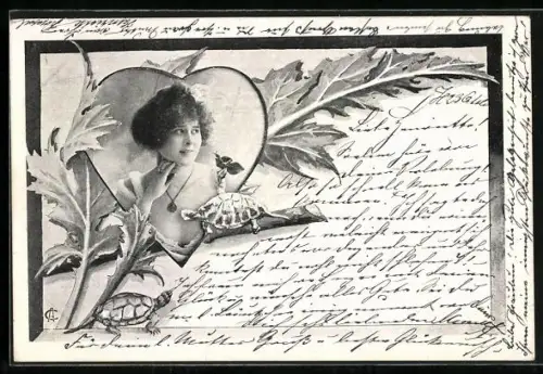 AK Porträt einer Dame mit verunsichertem Blick im Jugendstil-Passepartout