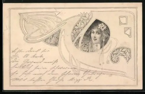Künstler-AK M.Munk: Junge Frau im Halbprofil und opulentem Schmuckrahmen