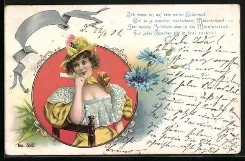 AK Liebesgedicht, Dame sitzt nachdenklich mit einem Brief in der Hand, Jugendstil Passepartout