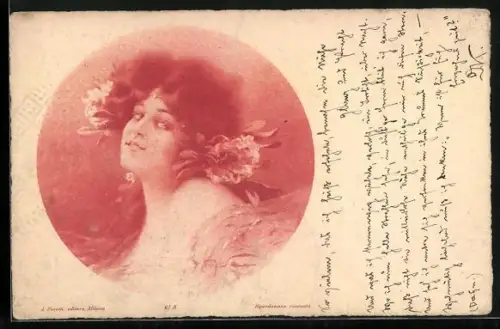 AK Jugendstil Porträt einer jungen Dame mit Blumenschmuck im Haar