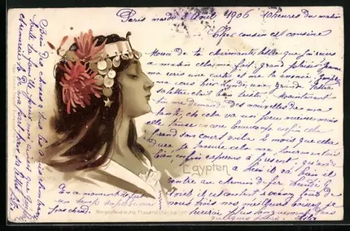 AK Jugendstil Porträt einer Ägypterin im Profil mit Kopfschmuck